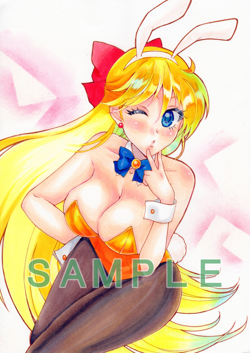 1girl 1girl adult_swim alluring animal_ears big_breasts bishoujo_senshi_sailor_moon bishoujo_senshi_sailor_moon_r bishoujo_senshi_sailor_moon_r_the_movie bishoujo_senshi_sailor_moon_s bishoujo_senshi_sailor_moon_s_the_movie bishoujo_senshi_sailor_moon_supers bishoujo_senshi_sailor_moon_supers_the_movie blonde_hair blowing_kiss blue_eyes bow bowtie cleavage detached_collar hair_bow high_res long_hair looking_at_viewer minako_aino one_eye_closed pantyhose playboy_bunny rabbit_ears saffron_factory toei_animation toonami v wrist_cuffs