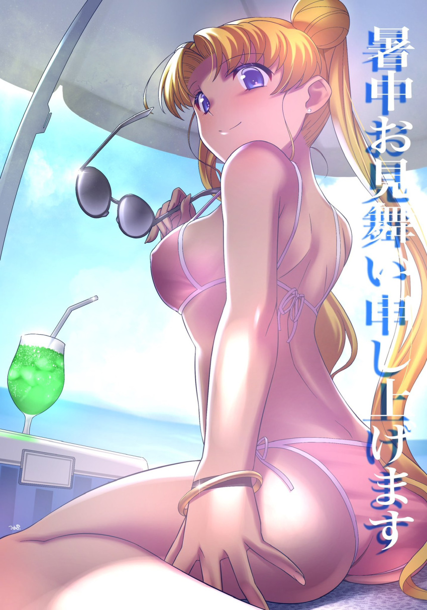 1girl 1girl adult_swim alluring ass beach beach_umbrella big_breasts bikini bishoujo_senshi_sailor_moon bishoujo_senshi_sailor_moon_r bishoujo_senshi_sailor_moon_r_the_movie bishoujo_senshi_sailor_moon_s bishoujo_senshi_sailor_moon_s_the_movie bishoujo_senshi_sailor_moon_supers bishoujo_senshi_sailor_moon_supers_the_movie blonde_hair blue_eyes bracelet day double_bun drinking_straw from_behind glass hair_bun hand_on_own_thigh high_res himehachi_(hime8manga) holding holding_removed_eyewear jewelry long_hair looking_to_the_side ocean pink_bikini side-tie_bikini_bottom sitting sky sunglasses swimsuit toei_animation toonami twin_tails umbrella unworn_eyewear usagi_tsukino viz_media wariza