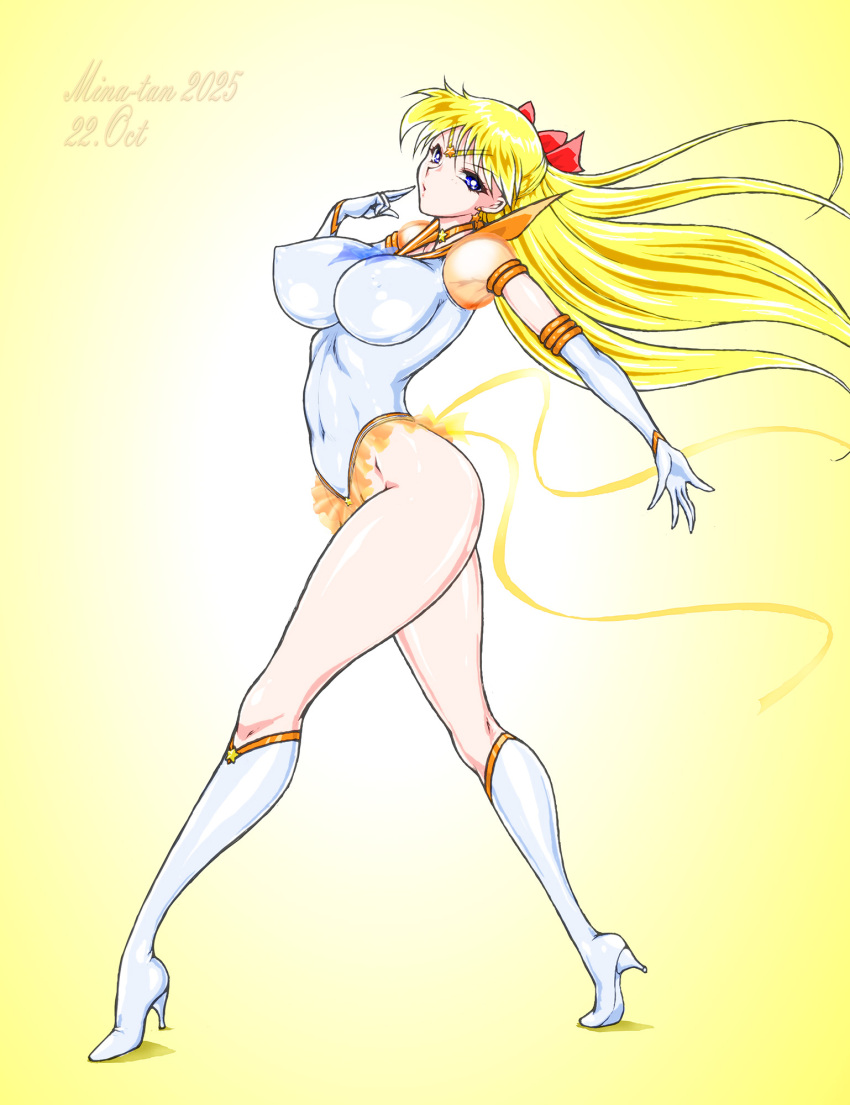 1girl 1girl adult_swim alluring big_breasts bishoujo_senshi_sailor_moon bishoujo_senshi_sailor_moon_r bishoujo_senshi_sailor_moon_r_the_movie bishoujo_senshi_sailor_moon_s bishoujo_senshi_sailor_moon_s_the_movie bishoujo_senshi_sailor_moon_supers bishoujo_senshi_sailor_moon_supers_the_movie blonde_hair blue_eyes boots bow breasts earrings gloves high_heels high_res jewelry leotard long_hair looking_at_viewer marubayashi_shumaru minako_aino red_bow sailor_venus toei_animation toonami very_long_hair