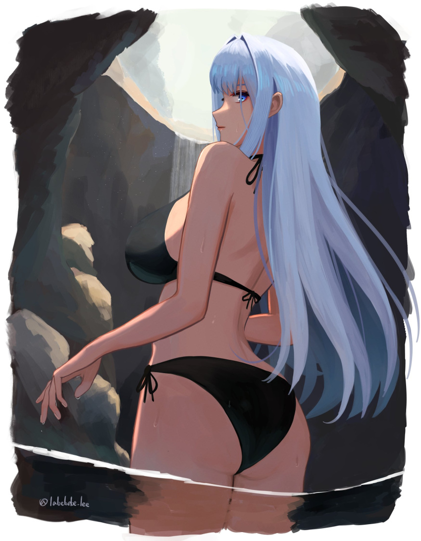 1girl 1girl alluring artist_name ass big_breasts bikini black_bikini blue_eyes border breasts commentary_request ethel_(xenoblade) from_behind grey_hair high_res labebebe_lee long_hair looking_at_viewer looking_back median_furrow partially_submerged side-tie_bikini_bottom standing swimsuit twitter_username very_long_hair water waterfall wet white_border xenoblade_(series) xenoblade_chronicles_3