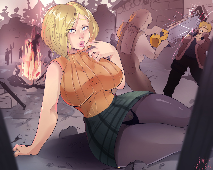 1girl 1girls 2023 absurd_res ashley_graham ashley_graham_(ella_freya) big_breasts blonde_hair blue_eyes bonfire capcom chainsaw dr._salvador fire ganado leaning_on_hand leon_scott_kennedy lethalbliss looking_at_viewer mask mask_on_head masked masked_male narrowed_eyes panties panties_under_pantyhose pantyhose pink_lips resident_evil resident_evil_4 resident_evil_4_remake sitting skirt sleeveless_sweater thick_thighs