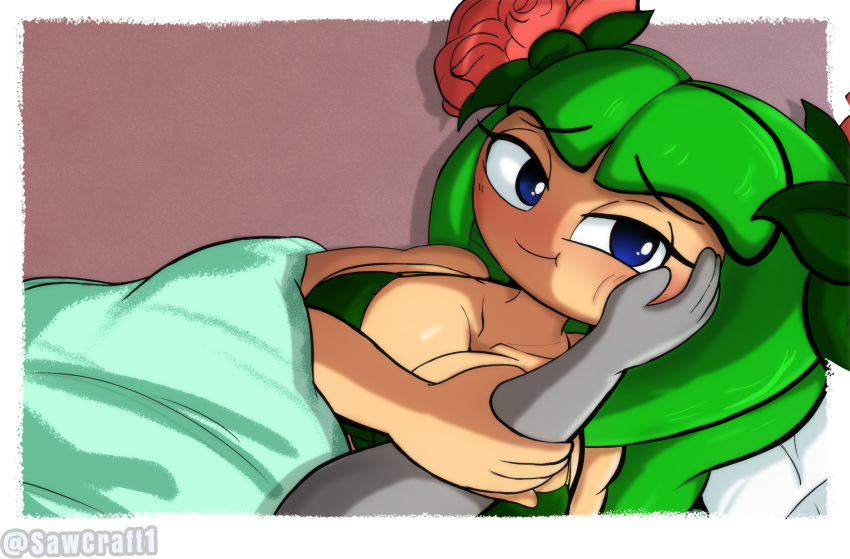 1girl 1girls 2025 alien alien_girl alien_humanoid anon big_breasts blanket blue_eyes breasts commission commission_art cosmo_the_seedrian cosmo_the_seedrian_(adult) female green_bra green_clothes green_clothing green_pseudo_hair huge_breasts in_bed plant_girl plant_humanoid sawcraft1 seedrian sega sonic_the_hedgehog_(series) sonic_x tms_entertainment