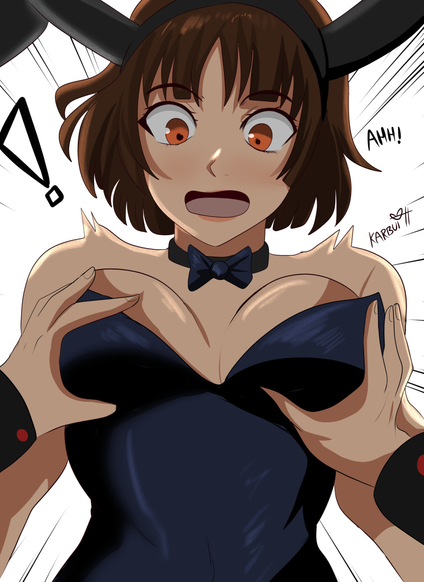 ! 1girl 1girls 2d big_breasts big_breasts black_bunnysuit blush breast_grab breast_squeeze breasts brown_hair bunny_ears bunny_girl bunnysuit double_breast_grab embarrassed english_text female_focus grabbing_breasts karbuitt leotard looking_at_viewer makoto_niijima open_mouth persona persona_5 playboy_bunny red_eyes shocked short_hair strapless_leotard suprised suprised_look tongue
