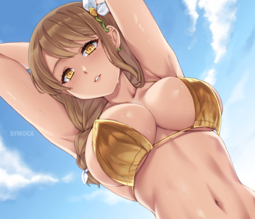 1girl 2024 alluring alternate_costume artist_name big_breasts bikini brown_hair cleavage female_only fire_emblem fire_emblem_engage goldmary_(fire_emblem) high_res intelligent_systems light-skinned_female light_skin looking_at_viewer navel nintendo swimsuit symoca watermark yellow_eyes