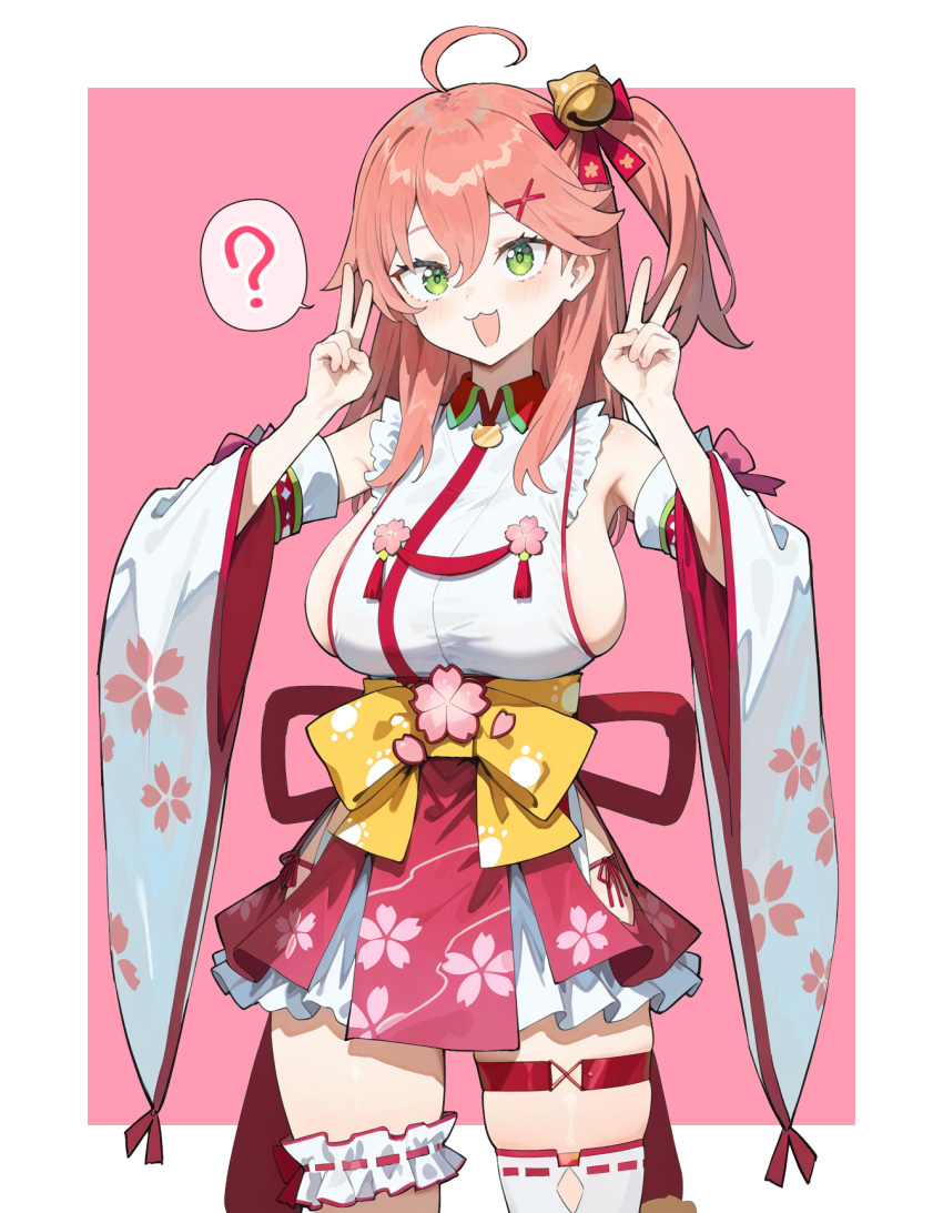 1girl :3 ? ai_generated big_breasts blush bow breasts green_eyes hair_bell hairbow hairclip hololive hololive_japan light-skinned_female light_skin open_mouth peace_sign pink_hair posing posing_for_the_viewer sakura_miko unaware v virtual_youtuber vtuber xeno4994