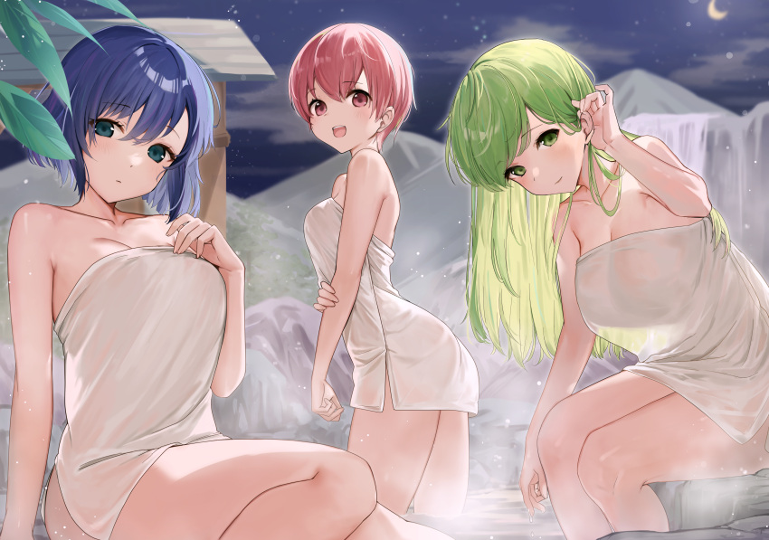 1girl 3_girls absurd_res alluring alternate_version_available bathrobe big_breasts blue_eyes blue_hair catria_(fire_emblem) commission est_(fire_emblem) fire_emblem fire_emblem:_mystery_of_the_emblem fire_emblem:_shadow_dragon_and_the_blade_of_light green_eyes green_hair haru_(nakajou-28) high_res intelligent_systems medium_breasts multiple_girls naked_towel night nintendo onsen outside palla_(fire_emblem) pink_eyes pink_hair same-sex_bathing shared_bathing siblings silf silfs sisters small_breasts steam towel