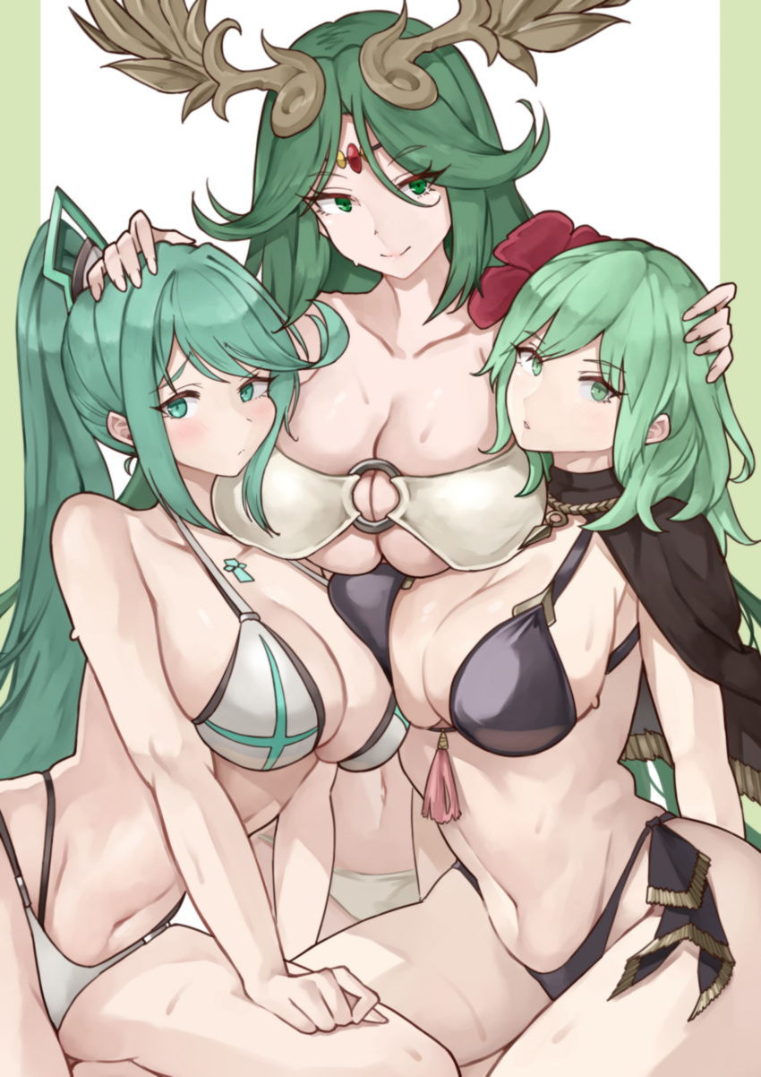 1girl 3_girls absurd_res alluring big_breasts bikini black_bikini black_capelet byleth_(fire_emblem) byleth_(fire_emblem)_(female) byleth_(summer)_(fire_emblem)_(female) capelet cleavage female_byleth_(awakened)_(fire_emblem) female_byleth_(fire_emblem) fire_emblem fire_emblem:_three_houses fire_emblem_heroes flower forehead_jewel green_eyes hair_flower hair_ornament hand_on_another's_head hand_on_own_thigh head_on_chest high_ponytail high_res intelligent_systems kid_icarus kid_icarus_uprising laurel_crown long_hair looking_at_viewer monolith_soft multiple_girls navel nintendo o-ring o-ring_bikini oniisan02b palutena pink_hair pneuma_(xenoblade) ponytail short_hair sidelocks simple_background swimsuit white_background white_bikini xenoblade_(series) xenoblade_chronicles_2 yotsuhauni