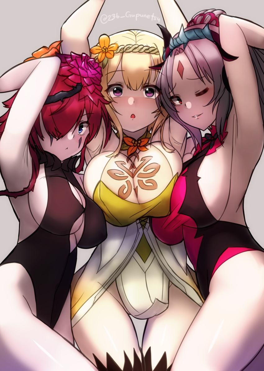 1girl 3_girls alluring big_breasts blonde_hair butterfly_wings drill_hair elf elf_ears facial_mark fairy fire_emblem fire_emblem_heroes flower gupunetsu intelligent_systems leotard multicolored_hair nintendo no_panties orange_hair peony_(fire_emblem) plumeria_(fire_emblem) pointy_ears silver_hair triandra_(fire_emblem) wings