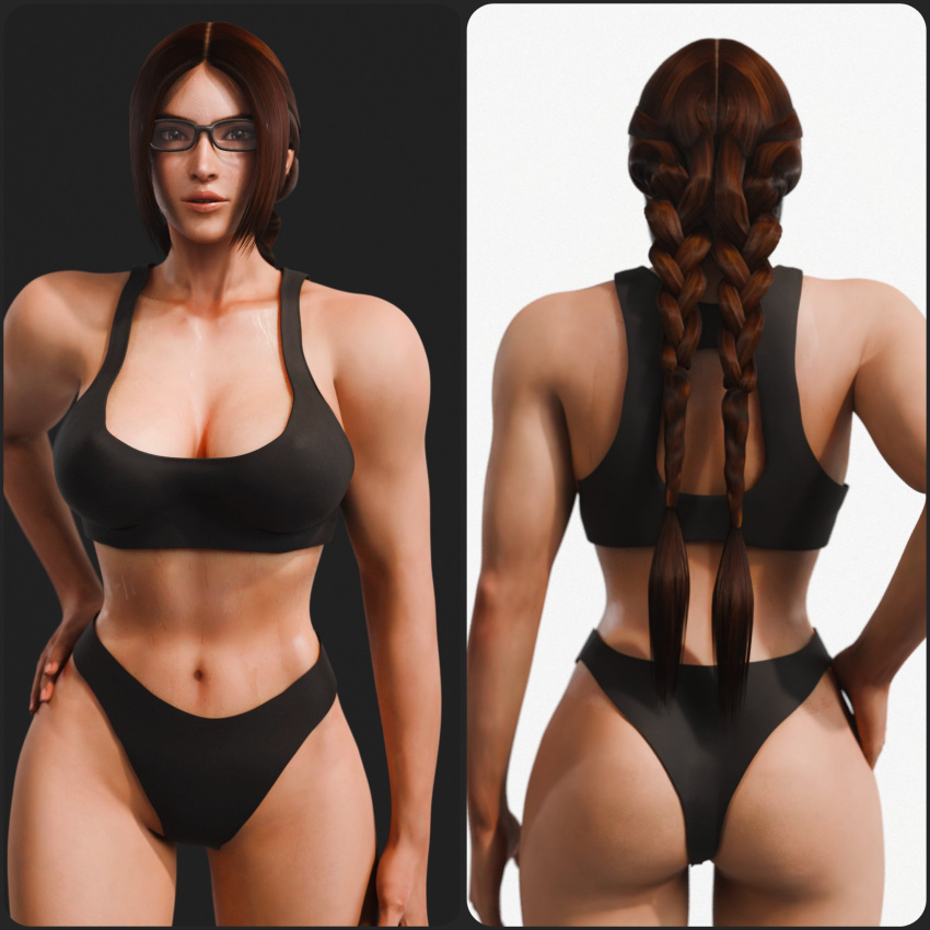1girl 3d alluring ass athletic_female big_breasts blender bra braid brown_eyes brown_hair clothing female_abs fit_female forsavide freckles glasses julia_chang long_hair looking_at_viewer namco non-nude panties sweat tekken tekken_7 tekken_tag_tournament_2 twin_braids underwear