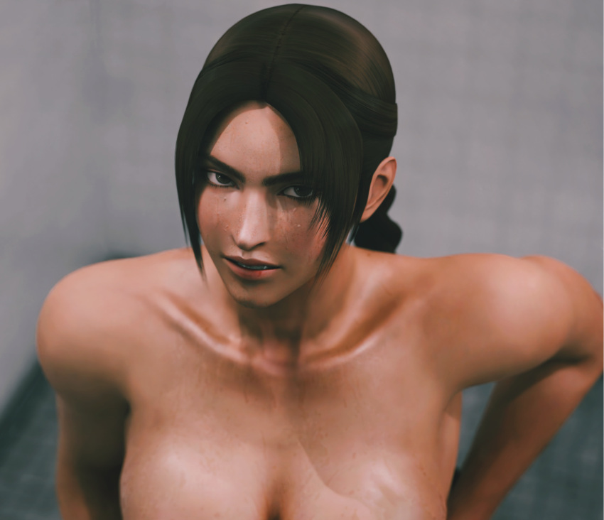 1girl 3d alluring big_breasts blender braid brown_eyes brown_hair cleavage forsavide julia_chang looking_at_viewer namco nude tekken tekken_6_bloodline_rebellion tekken_tag_tournament_2