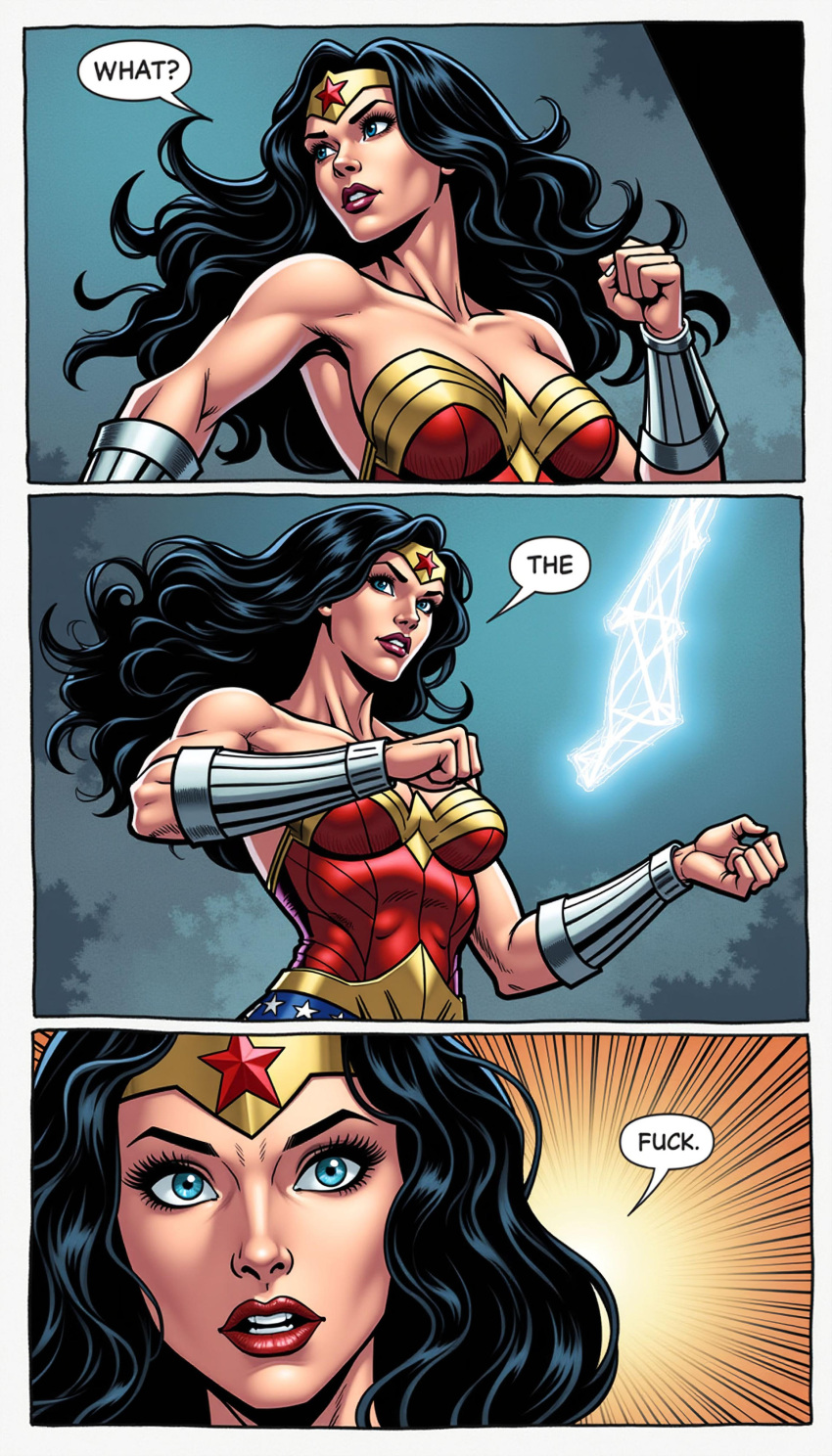 1girl 3koma amazon armpits bangs bare_arms bare_shoulders big_breasts black_hair blue_eyes blue_leotard bracer breasts cleavage clenched_hand collarbone comics dc_comics dcau diana_prince english_text female_only female_solo fighting_stance hand_up hands_up heroine jewelry justice_league justice_league_unlimited leotard lips lipstick long_hair looking_at_viewer looking_back looking_to_the_side lower_teeth makeup medium_breasts multicolored_clothes multicolored_leotard neck parted_bangs pose posing red_leotard red_lipstick round_teeth serious sharinel sharinel_(artist) speech_bubble star star_(symbol) star_print strapless strapless_leotard superhero_costume superheroine surprised talking teeth text themysciran tiara two-tone_leotard upper_body upper_teeth wavy_hair wonder_woman wonder_woman_(series)