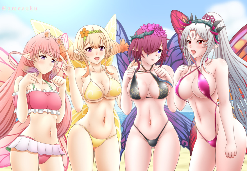 1girl 4girls alluring amezuku bare_legs beach big_breasts bikini bikini_skirt black_bikini black_swimsuit blonde_hair blue_eyes blush fairy fairy_wings fire_emblem fire_emblem_heroes flower grey_hair hair_flower hair_ornament intelligent_systems long_hair looking_at_viewer midriff mirabilis_(fire_emblem) multiple_girls nintendo ocean one_eye_covered peony_(fire_emblem) pink_bikini pink_hair pink_swimsuit plumeria_(fire_emblem) pointy_ears ponytail purple_bikini purple_eyes purple_swimsuit red_eyes seaside short_hair sideboob small_breasts smile swimsuit tattoo thighs triandra_(fire_emblem) twin_tails under_boob wide_hips wings yellow_bikini yellow_swimsuit
