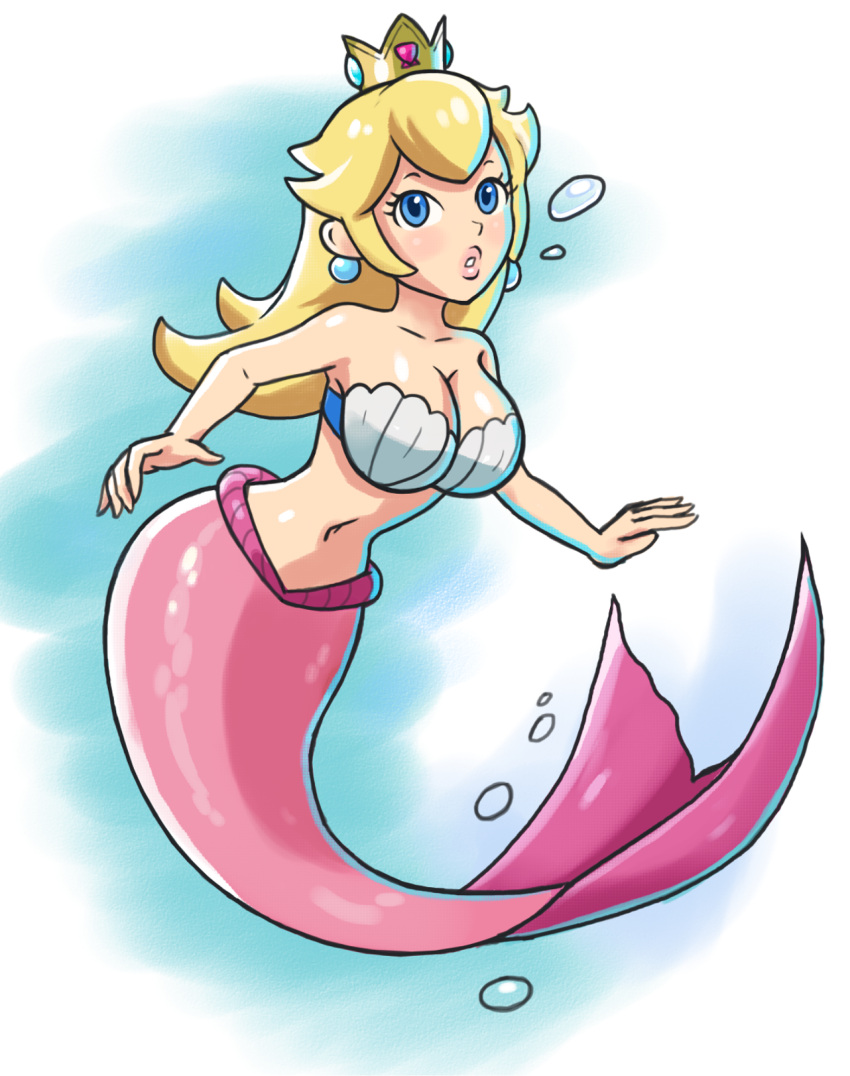 1girl 5_fingers animal_humanoid bare_shoulders big_breasts blonde_hair blue_eyes blush bra breasts cleavage clothed clothing crown ear_piercing eyebrows eyelashes female fingers fish fish_humanoid fish_tail hair headgear high_res humanoid lips looking_at_viewer marine marine_humanoid mario_bros merfolk navel nintendo piercing princess_peach seashell_bra simple_background solo split_form underwater underwear unknown_artist water white_background wide_hips