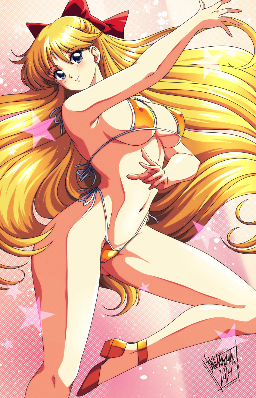 1girl absurd_res adult_swim alluring back_bow bare_legs barefoot big_breasts bikini bishoujo_senshi_sailor_moon bishoujo_senshi_sailor_moon_r bishoujo_senshi_sailor_moon_r_the_movie bishoujo_senshi_sailor_moon_s bishoujo_senshi_sailor_moon_s_the_movie bishoujo_senshi_sailor_moon_supers bishoujo_senshi_sailor_moon_supers_the_movie blonde_hair blue_eyes bow danmakuman high_heels_only high_res long_hair looking_at_viewer medium_breasts minako_aino navel open_mouth pumps_only sailor_venus signature smile toonami very_long_hair
