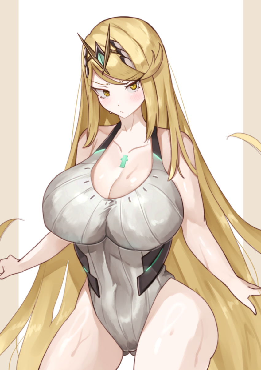 1girl absurd_res alluring big_breasts blonde_hair cleavage gold_eyes high_res highleg mythra_(xenoblade) one-piece_bikini swimsuit xenoblade_(series) xenoblade_chronicles_2 yotsuha_uni yotsuhauni