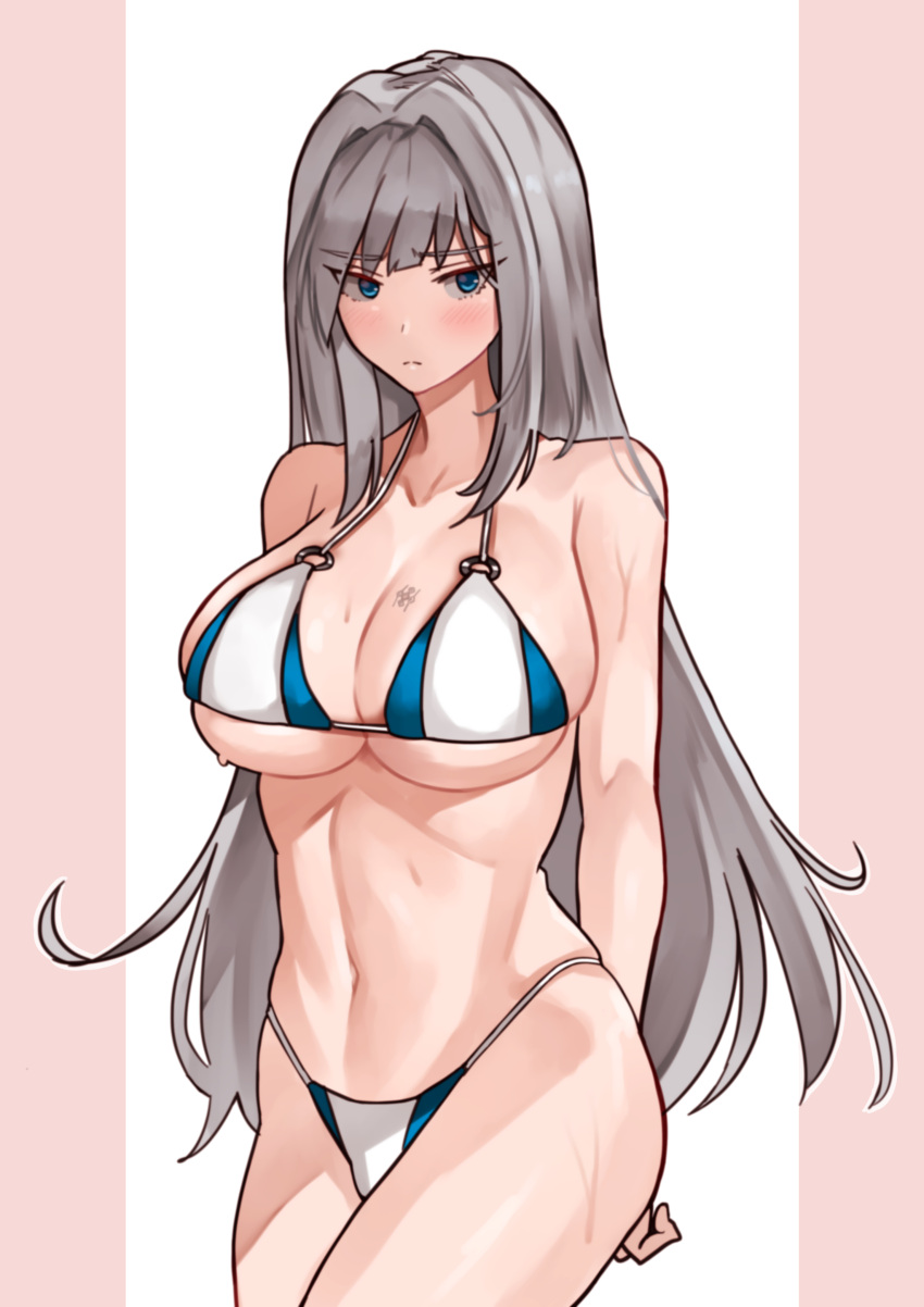 1girl absurd_res alluring big_breasts blue_eyes blush breast_tattoo cleavage closed_mouth ethel_(xenoblade) grey_hair high_res long_hair looking_at_viewer navel tattoo very_long_hair xenoblade_(series) xenoblade_chronicles_3 yotsuha_uni yotsuhauni