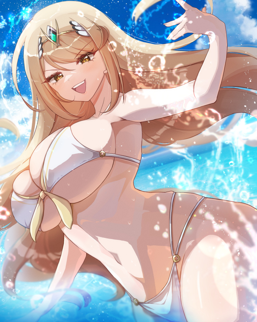 1girl absurdres alluring alternate_costume big_breasts bikini blonde_hair highres mythra_(xenoblade) nintendo swimsuit underboob xenoblade_(series) xenoblade_chronicles_2 zer00han