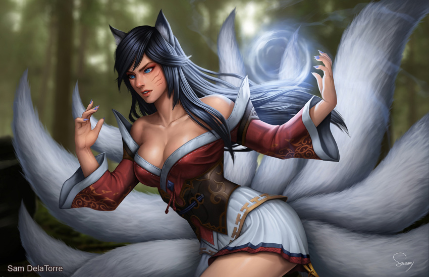 1girl ahri ahri_(league_of_legends) angry animal_ears bare_legs bare_shoulders big_breasts black_hair blue_eyes blurry blurry_background breasts cleavage collarbone day eyebrows_visible_through_hair female_only female_solo floating_hair forest fox_ears fox_girl fox_tail hands_up japanese_clothes kimono league_of_legends legs lips lipstick long_hair long_sleeves looking_to_the_side magic makeup medium_breasts miniskirt monster_girl multiple_tails nail_polish nature neck off-shoulder_kimono off_shoulder outside pleated_skirt purple_nails red_kimono riot_games sam_delatorre sam_delatorre_(artist) serious skirt straight_hair tail thighs tree whisker_markings white_skirt wind