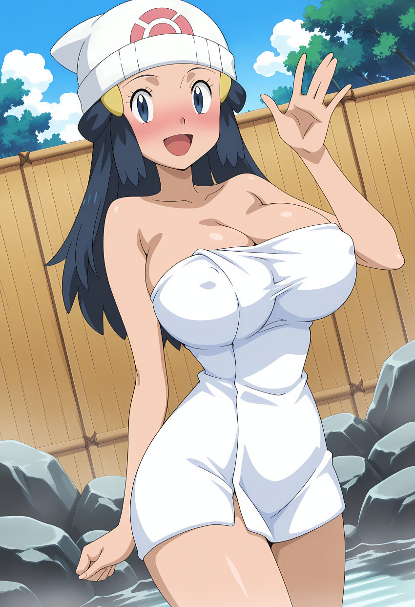 1girl alluring androidparanoid bare_legs big_breasts blue_eyes blue_hair dawn dawn_(pokemon) naked_towel onsen pokemon pokemon_(anime) towel towel_only