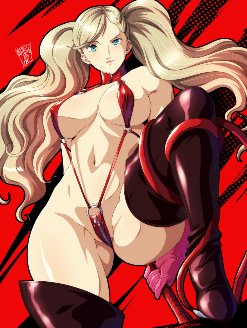 1girl alluring ann_takamaki aqua_eyes atlus big_breasts blonde_hair boots danmakuman gloves high_res holding holding_whip navel persona persona_5 pink_gloves sega sling_bikini takamaki_anne thigh_high_boots twin_tails whip