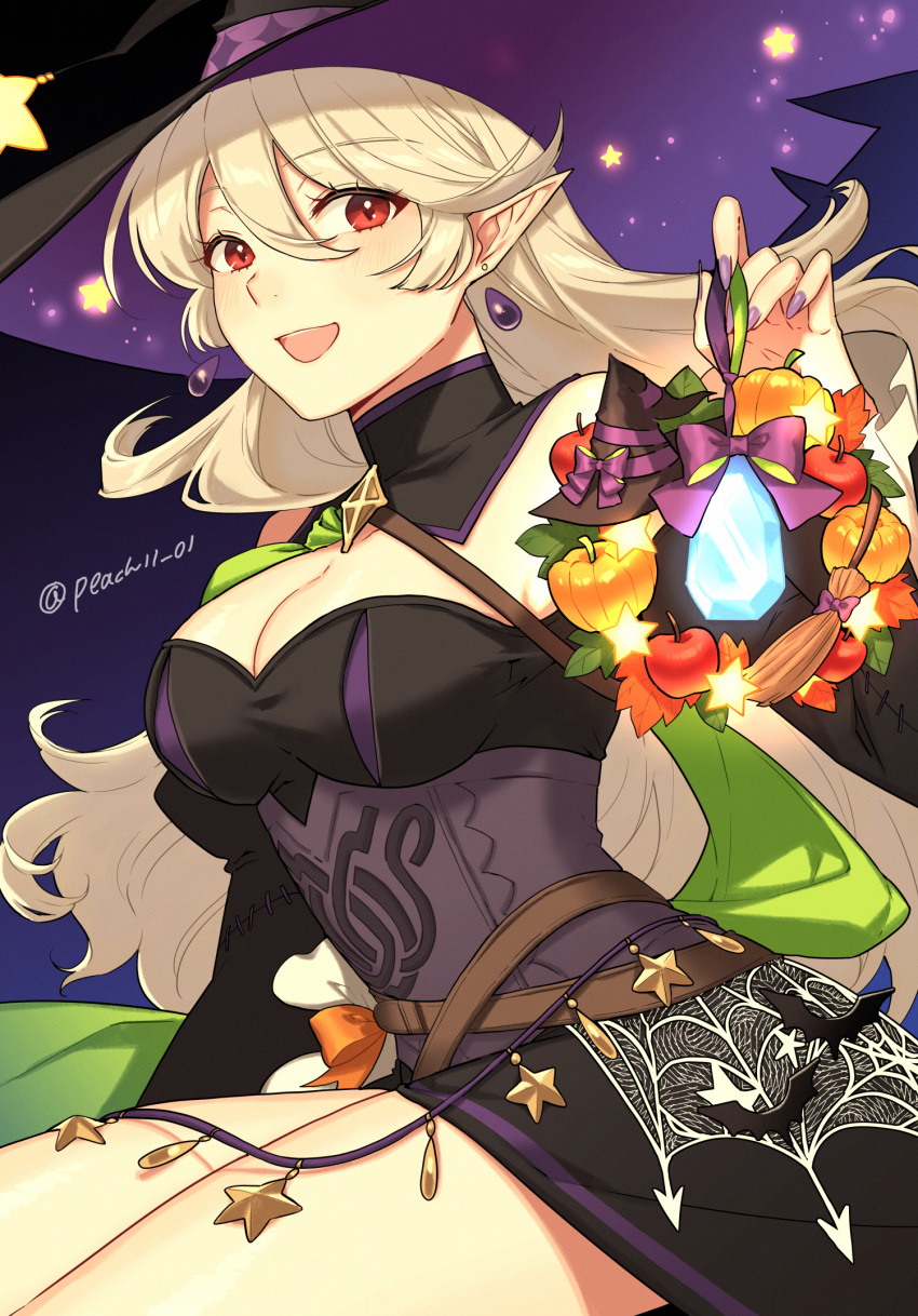 1girl alluring apple bare_shoulders bat_(animal) big_breasts black_dress broom cleavage corrin_(fire_emblem) corrin_(fire_emblem)_(female) corrin_(halloween)_(fire_emblem)_(female) crossed_belts detached_sleeves dragonstone dress earrings fire_emblem fire_emblem_fates fire_emblem_heroes fire_emblem_warriors food fruit green_sash grey_hair halloween halloween_costume hat high_res intelligent_systems jewelry long_hair looking_at_viewer nintendo off-shoulder_dress off_shoulder official_alternate_costume open_mouth peach11_01 pointy_ears pumpkin red_eyes sash shamu_(peach11_01) silk smile spider_web star_(symbol) thighs witch witch_hat wreath