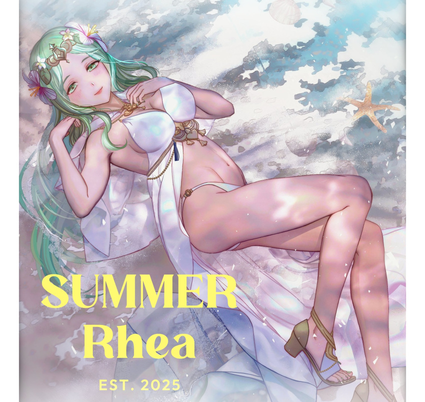 1girl alluring bare_legs beach big_breasts bikini blush circlet cleavage closed_mouth covered_erect_nipples english_text fire_emblem fire_emblem:_three_houses fire_emblem_heroes flower green_eyes green_hair hair_flower hair_ornament high_heels high_res intelligent_systems irisl long_hair looking_at_viewer lying multiple_girls navel nintendo official_alternate_costume on_back outside rhea_(fire_emblem) rhea_(summer)_(fire_emblem) sideboob smile starfish swimsuit water white_bikini