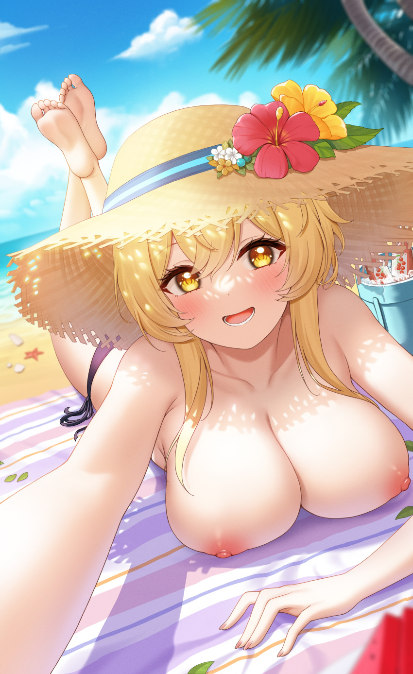 1girl areola bare_shoulders barefoot beach beach_towel big_breasts black_panties blonde_hair blush breasts clouds collarbone exposed_breasts female female_only flower_in_hat fukuro_ko_(greentea) genshin_impact hat high_res horny ice_bucket looking_at_viewer lumine_(genshin_impact) lying lying_on_stomach medium_hair nails nipples no_bra ocean on_towel open_mouth open_smile palm_tree panties panties_only pov seductive selfpic sky smile soles solo straw_hat swimsuit taking_picture topless towel water watermelon_slice yellow_eyes