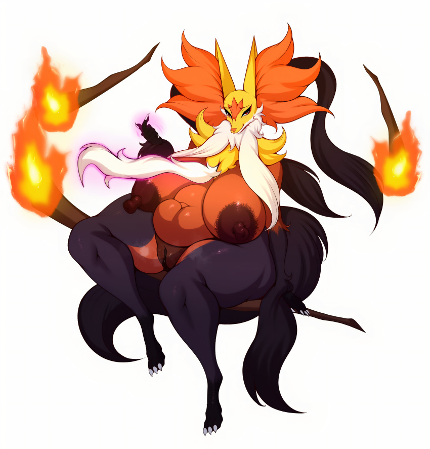 1girl big_ass big_breasts black_fur delphox flame flames fluffy_ears long_ears m_jr_art mega_delphox milf red_skin seductive seductive_smile sexy tail thick white_skin