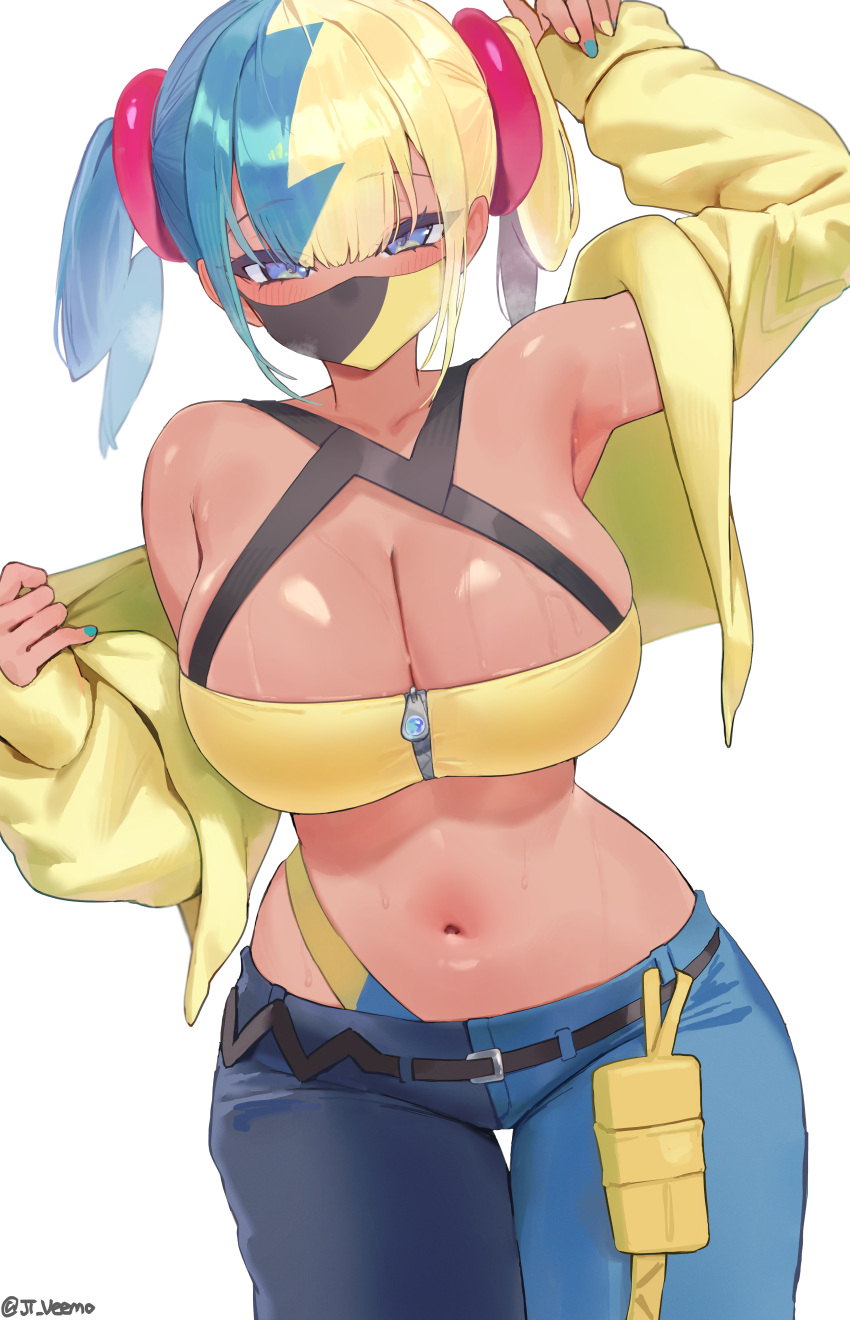 1girls absurd_res artist_signature big_breasts blush breasts canari_(pokemon) cleavage clothing game_freak hi_res high_res hourglass_figure jtveemo looking_at_viewer mask midriff multicolored_hair multicolored_mask multicolored_pants navel nintendo pants pokemon pokemon_legends:_z-a simple_background sweat two-tone_hair two-tone_mask two-tone_pants white_background wide_hips