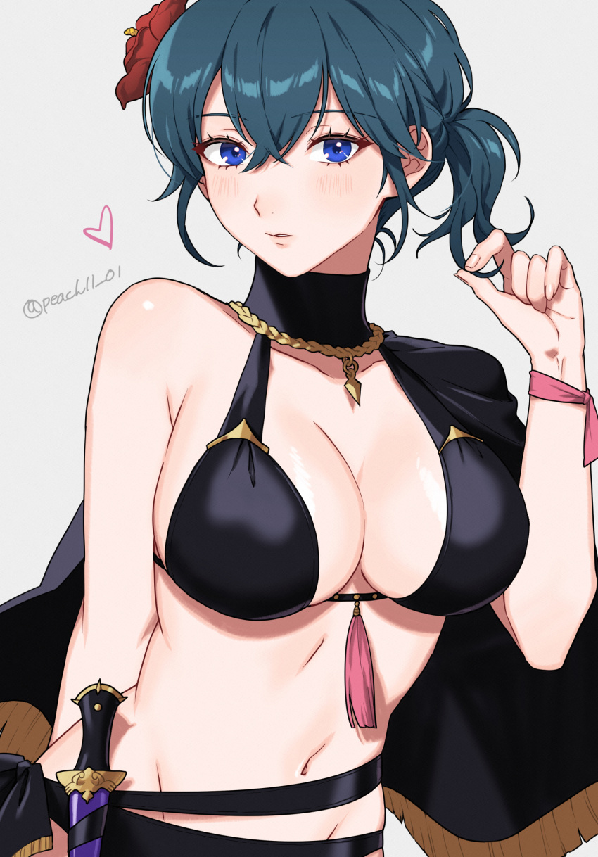 1girls alluring alternate_hairstyle big_breasts bikini black_bikini blue_eyes byleth_(fire_emblem) byleth_(fire_emblem)_(female) byleth_(jehanna)_(fire_emblem_(female) byleth_(summer)_(fire_emblem)_(female) cleavage dagger fire_emblem fire_emblem:_three_houses flower grey_background hair_flower hair_ornament hibiscus high_res intelligent_systems knife looking_at_viewer nintendo official_alternate_hairstyle parted_lips peach11_01 ponytail red_flower short_ponytail sideboob simple_background swimsuit teal_hair upper_body weapon