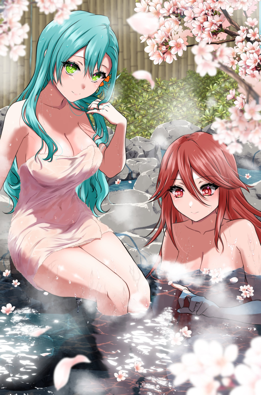 2_girls absurd_res alluring aqua_hair bare_shoulders big_breasts braid chloe_(fire_emblem) cleavage cordelia_(fire_emblem) fire_emblem fire_emblem_awakening fire_emblem_engage fire_emblem_warriors green_eyes high_res intelligent_systems long_hair looking_at_viewer medium_breasts mu_tu_bu multiple_girls naked_towel nintendo onsen red_eyes red_hair same-sex_bathing shared_bathing side_braid smile towel very_long_hair