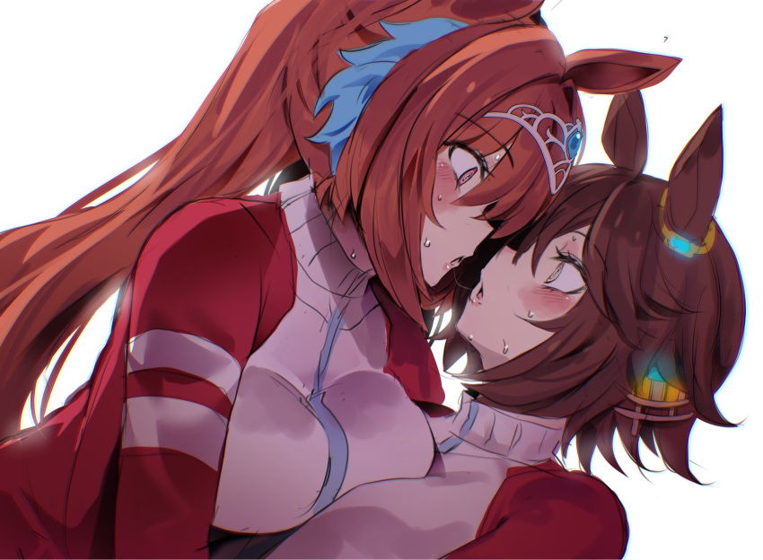 2_girls animal_ears asymmetrical_docking big_breasts blush breast_press breasts brown_eyes brown_hair commentary daiwa_scarlet_(umamusume) eye_contact hair_between_eyes hair_intakes hair_over_one_eye high_res hinghoi horse_ears horse_girl jacket long_hair long_sleeves looking_at_another multicolored_hair multiple_girls open_mouth red_eyes red_jacket saliva saliva_trail simple_background sweat symbol-only_commentary tiara track_jacket twin_tails umamusume umamusume_pretty_derby upper_body very_long_hair vodka_(umamusume) white_background white_hair yuri