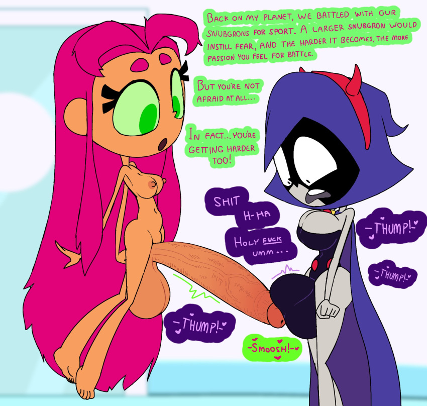2023 2futas alien alien_futa balls balls_on_penis big_balls big_breasts big_penis breasts bulge cartoon_network casual chibi circumcised cleavage cloak clothed clothing comic dc demon demon_horns demoness dialogue duo english_text erection frottage futa_only futanari grey_skin huge_balls huge_cock human humanoid humanoid_penis intersex large_penis mostly_clothed nude oogabutt outerwear pale_skin penis penis_size_difference penises_touching purple_hair raven_(dc) standing starfire tamaranean teen_titans teen_titans_go text unaware voluptuous warner_brothers