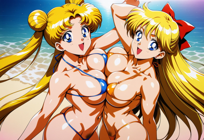 2girls accurate_art_style adult_swim alluring beach big_breasts bikini bishoujo_senshi_sailor_moon bishoujo_senshi_sailor_moon_r bishoujo_senshi_sailor_moon_r_the_movie bishoujo_senshi_sailor_moon_s bishoujo_senshi_sailor_moon_s_the_movie bishoujo_senshi_sailor_moon_supers bishoujo_senshi_sailor_moon_supers_the_movie blonde_hair blue_eyes deshiberu micro_bikini minako_aino ocean pin_up posing pubic_hair_peek toei_animation toonami under_boob usagi_tsukino