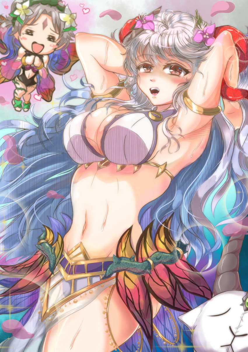 2girls alluring alternate_costume arms_behind_head bare_thighs big_breasts bikini black_swimsuit blue_hair cleavage colored_inner_hair fairy fairy_wings female_only fire_emblem fire_emblem_heroes flower freyja_(fire_emblem) goat grey_hair hair_flower happy horns intelligent_systems multicolored_hair nintendo one-piece_bikini open_mouth open_smile pelvic_curtain petals pink_flower plumeria_(fire_emblem) plushie red_eyes red_horns sandals smile solo_focus sweat swimsuit very_long_hair violet_migu18 wet white_bikini white_swimsuit