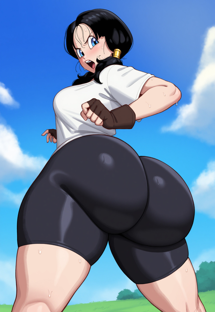 ai_generated angry_expression bare_thighs big_ass big_ass big_breasts big_breasts bike_shorts black_hair blue_eyes blush bubble_butt dragon_ball dragon_ball_z fat_ass gigantic_ass huge_breasts huge_thighs light-skinned_female light_skin looking_back massive_ass onlycakez open_mouth pigtails solo_female squatting sweat sweatdrop t-shirt thick_body thick_female thick_thighs thighs videl voluptuous voluptuous_female