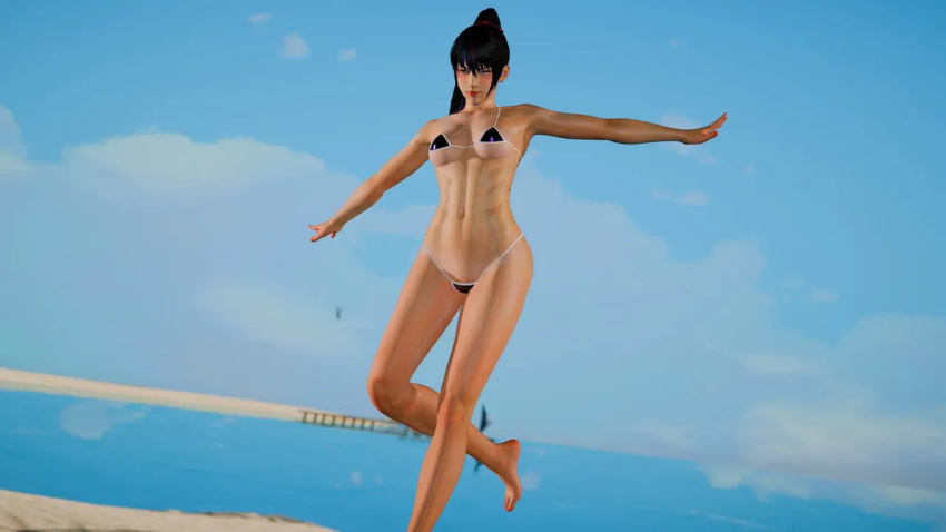 bare_legs beach big_breasts bikini black_and_red_and_purple_hair blue_sky kitsune_marks kunimitsu_ii kunoichi lavender_eyes namco ocean pin_up posing purpleshinobitk tekken tekken_8