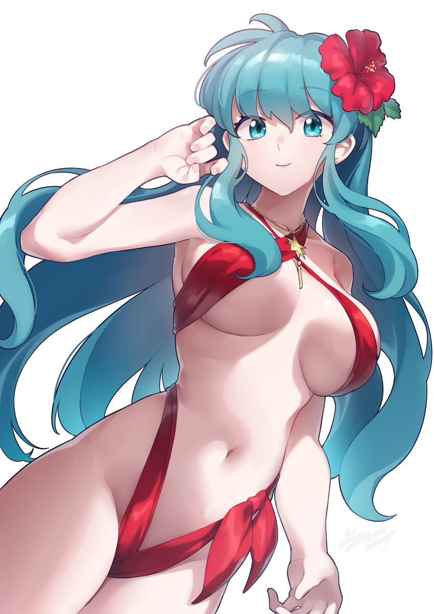 1girl 1girl absurd_res alluring alternate_costume aqua_hair arukiru big_breasts bikini blue_eyes closed_mouth commentary_request commission cowboy_shot eirika_(fire_emblem) fingernails fire_emblem fire_emblem:_the_sacred_stones flower hair_flower hair_ornament high_res intelligent_systems jewelry long_hair navel necklace nintendo red_bikini red_flower simple_background skeb_commission smile star_(symbol) star_necklace swimsuit thighs white_background