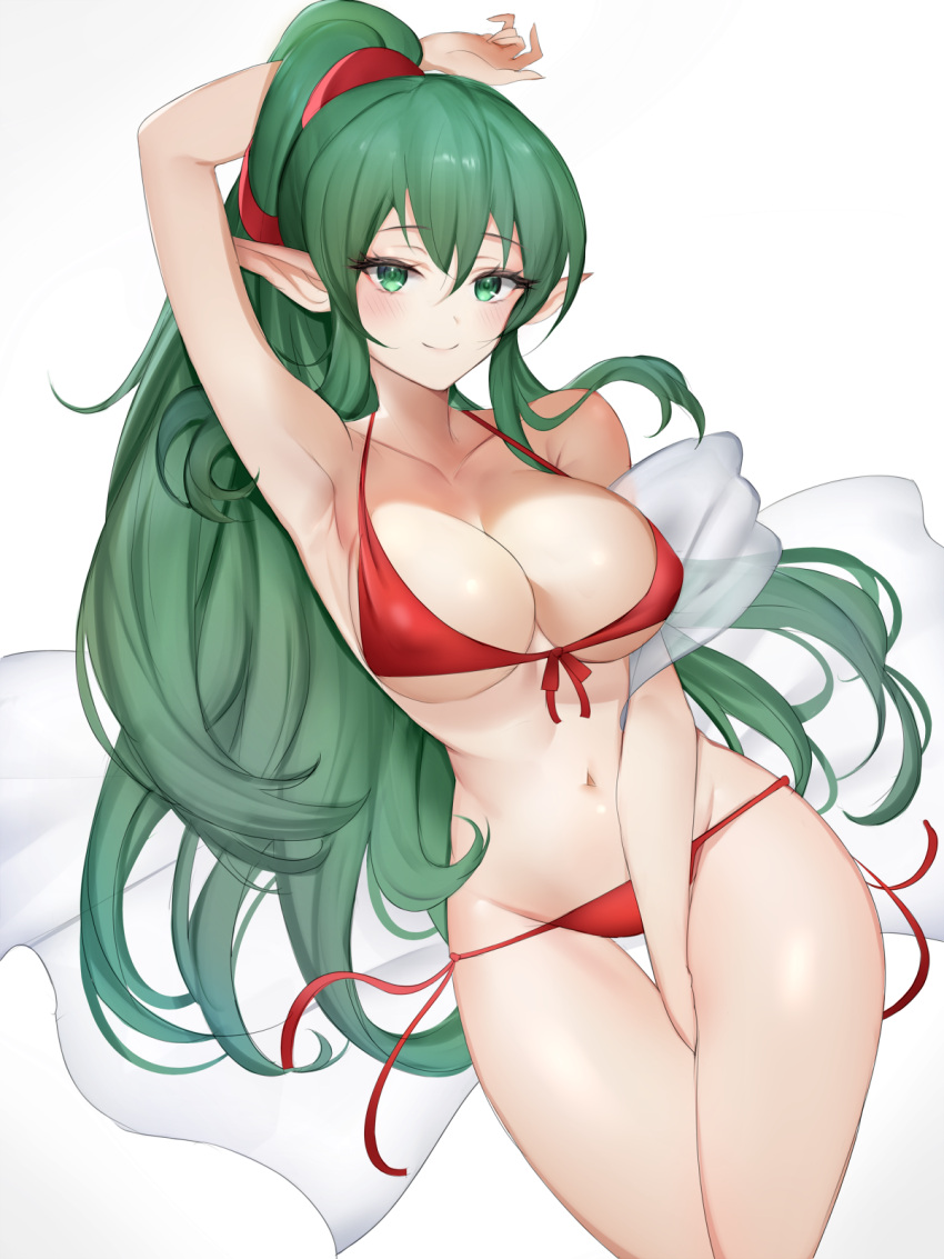 1girl 1girl alluring alternate_costume arm_up between_legs big_breasts bikini blush cleavage collarbone covered_erect_nipples cowboy_shot female_focus fire_emblem fire_emblem_awakening fire_emblem_heroes fire_emblem_warriors green_eyes green_hair groin hair_between_eyes hair_ribbon hand_between_legs high_res intelligent_systems long_hair looking_at_viewer navel nintendo pointy_ears ponytail red_bikini ribbon side-tie_bikini_bottom simple_background smile string_bikini swimsuit thigh_gap thighs tiki_(adult)_(fire_emblem) tiki_(fire_emblem) white_background yoru_(yowuyoru)