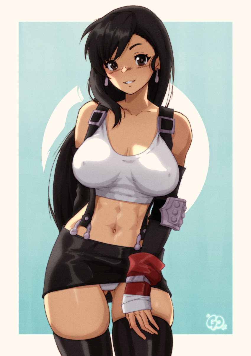 1girl big_breasts black_hair blush border breasts brown_eyes earrings female_only female_solo final_fantasy final_fantasy_vii gravydood grin head_tilt jewelry long_hair looking_at_viewer naughty_face navel outside_border parted_lips smile square_enix standing tagme tifa_lockhart very_long_hair white_border