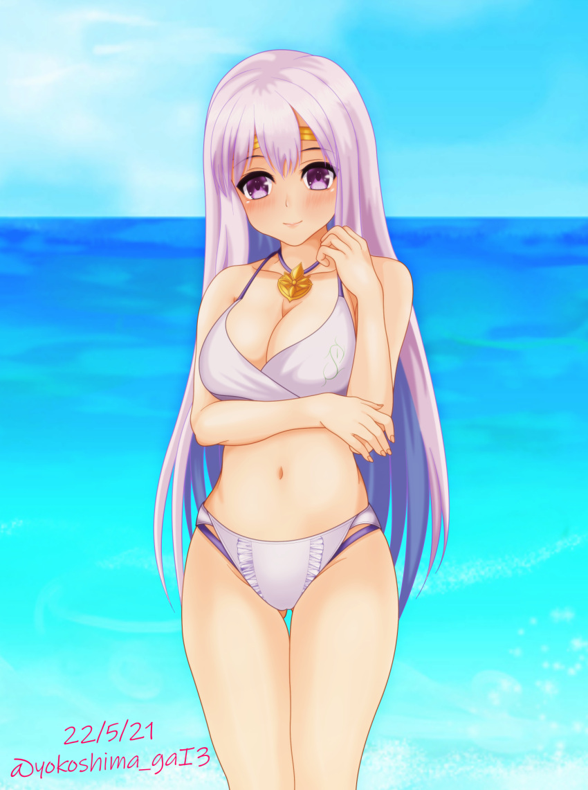 1girl 1girl alluring bare_shoulders big_breasts blush circlet cleavage fire_emblem fire_emblem:_genealogy_of_the_holy_war high_res intelligent_systems julia_(fire_emblem) long_hair nintendo ocean purple_eyes purple_hair smile swimsuit thighs yokoshima_gai3