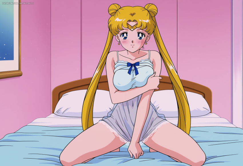 1girl accurate_art_style adult_swim alluring ass bare_legs barefoot bed big_breasts bishoujo_senshi_sailor_moon bishoujo_senshi_sailor_moon_r bishoujo_senshi_sailor_moon_r_the_movie bishoujo_senshi_sailor_moon_s bishoujo_senshi_sailor_moon_s_the_movie bishoujo_senshi_sailor_moon_supers bishoujo_senshi_sailor_moon_supers_the_movie blonde_hair blue_eyes breasts koikoi_(artist) looking_at_viewer nightgown on_bed toei_animation toonami usagi_tsukino viz_media