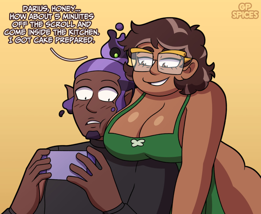 1boy 1girl 1girls alternate_version_available apron apron_only big_breasts breasts brown_hair camila_noceda chubby chubby_female darius_(the_owl_house) dark-skinned_female dark-skinned_male dark_skin disney disney_channel glasses gp_spices male mature mature_female mature_male milf milf naked_apron the_owl_house the_owl_house_(finale)