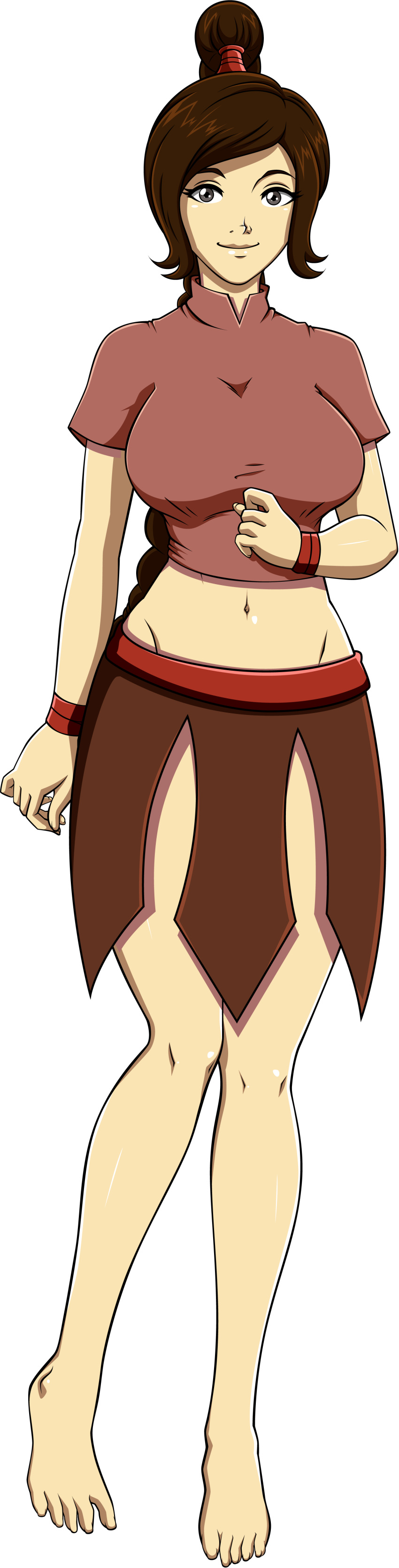 1girl ale-mangekyo ale-mangekyo_(artist) arm_at_side avatar:_the_last_airbender bangs bare_legs barefoot big_breasts breasts brown_hair brown_skirt clenched_hands closed_mouth feet female_only female_solo full_body grey_eyes hand_up high_ponytail knees_together_feet_apart legs long_hair looking_at_viewer midriff navel neck nickelodeon pink_shirt ponytail red_wristband shirt short_sleeves skirt smile standing swept_bangs teenage_girl thighs tied_hair transparent_background ty_lee wristband
