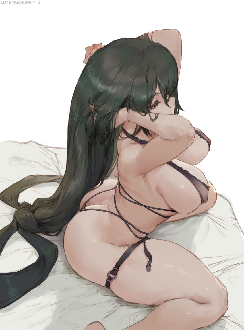 1girl asui_tsuyu big_breasts boku_no_hero_academia bubble_butt cleavage cutesexyrobutts froppy green_eyes green_hair horny inviting_to_sex my_hero_academia on_bed pose sitting stockings teasing thick_thighs tsuyu_asui