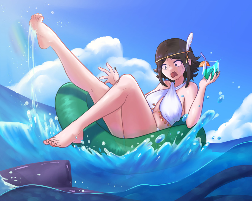 1girl 1girl absurd_res alluring alternate_costume bare_shoulders big_breasts bikini black_hair blue_sky circlet criss-cross_halter cup drinking_glass drinking_straw feathers feet fire_emblem fire_emblem_awakening hair_ornament halterneck high_res holding holding_cup innertube intelligent_systems nintendo noire_(fire_emblem) obsidianwasp open_mouth short_hair sky splashing squid surprised sweatdrop swim_ring swimsuit water wavy_mouth white_bikini