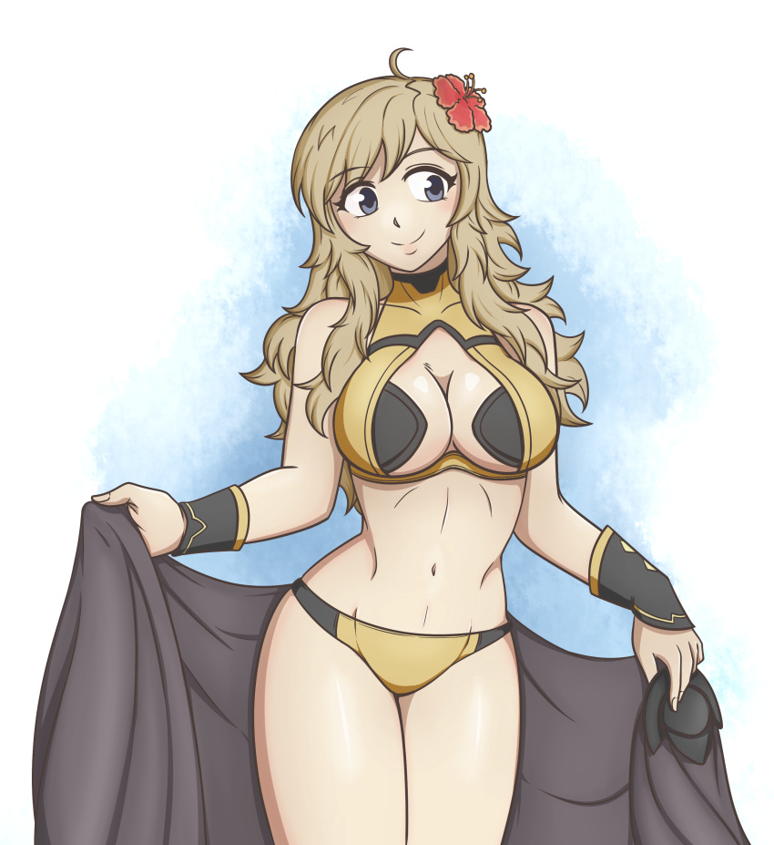 1girl absurd_res alluring big_breasts bikini blonde_hair blue_background blue_eyes blush cleavage cleavage_cutout clothing_cutout fire_emblem fire_emblem_fates flower hair_flower hair_ornament hayato_stuff high_res holding intelligent_systems long_hair looking_to_the_side midriff navel nintendo ophelia_(fire_emblem) smile swimsuit towel two-tone_background white_background wrist_cuffs yellow_bikini