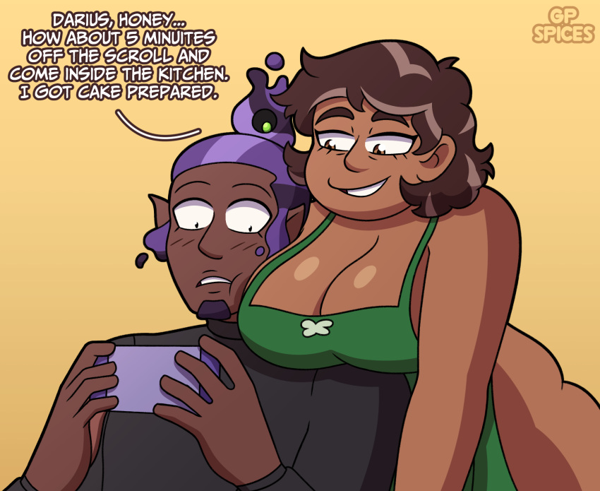 1boy 1girl 1girls alternate_version_available apron apron_only big_breasts breasts brown_hair camila_noceda chubby chubby_female darius_(the_owl_house) dark-skinned_female dark-skinned_male dark_skin disney disney_channel gp_spices male mature mature_female mature_male milf milf naked_apron the_owl_house the_owl_house_(finale)
