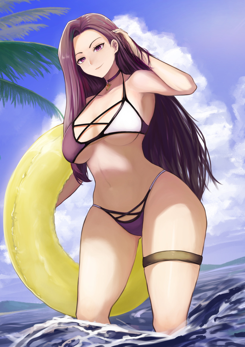 1girl 1girl 1girl absurd_res alluring alternate_costume arm_up bangs bare_shoulders big_breasts bikini blue_sky choker closed_mouth cloud collarbone cowboy_shot female_only fire_emblem fire_emblem_echoes:_shadows_of_valentia hair_tucking hand_in_own_hair hand_up high_res highleg highleg_bikini highleg_swimsuit innertube intelligent_systems jewelry long_hair looking_at_viewer multicolored_bikini multicolored_clothes navel nintendo ocean palm_tree partially_submerged pendant purple_bikini purple_eyes purple_swimsuit sky smile sonya_(fire_emblem) swimsuit thigh_strap tree under_boob very_long_hair white_bikini white_swimsuit yamaoka_d1