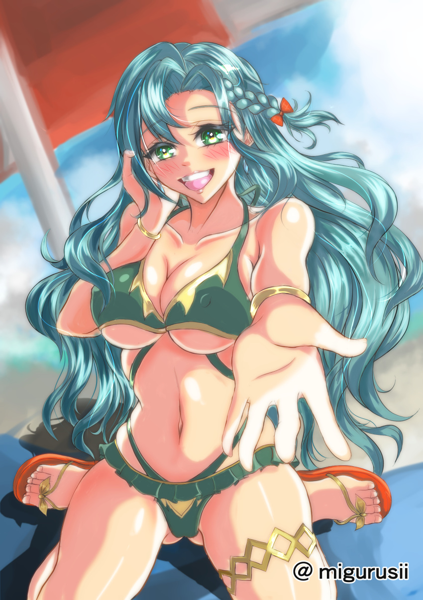 1girl 1girl 1girl alluring alternate_costume aqua_hair ass_visible_through_thighs beach big_breasts bikini blue_hair braid breasts chloe_(fire_emblem) cleavage covered_nipples earrings female_only fire_emblem fire_emblem_engage green_bikini green_eyes green_swimsuit intelligent_systems long_hair nintendo ocean on_towel open_mouth outside parasol reaching_out smile swimsuit towel umbrella under_boob very_long_hair violet_migu18